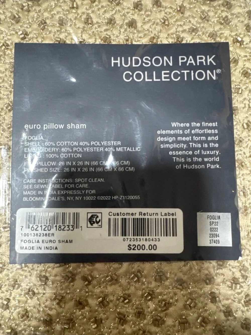 NWT Hudson Park Collection Foglia Pillow Sham Gold Size Euro